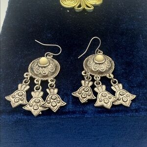 VTG silvertone circle w/ faux white stone chandelier dangle earrings bohemian